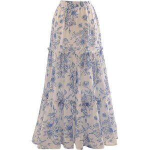 Women's Floral Print Tiered Layered Long Skirt White Blue